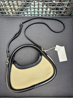 A New Day Handheld Crescent Straw Tote Handbag Black & Cream Crossbody Shoulder